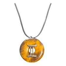 Gemini Zodiac Sign Gunmetal W/NaturalTiger  s Eye Pendant W Cord Astrology NEW