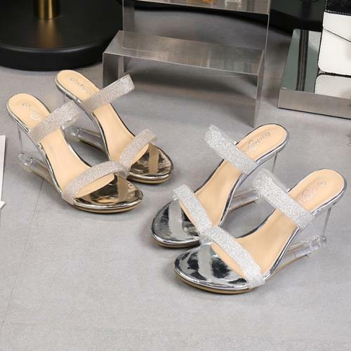 PANTOFOLA D’ORO Pantofole paillette donna moda estate punta aperta zeppa trasparente tacchi alti