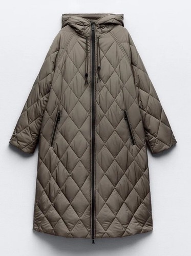 Zara Long Puffer Jacket Khaki Size S 3046/229