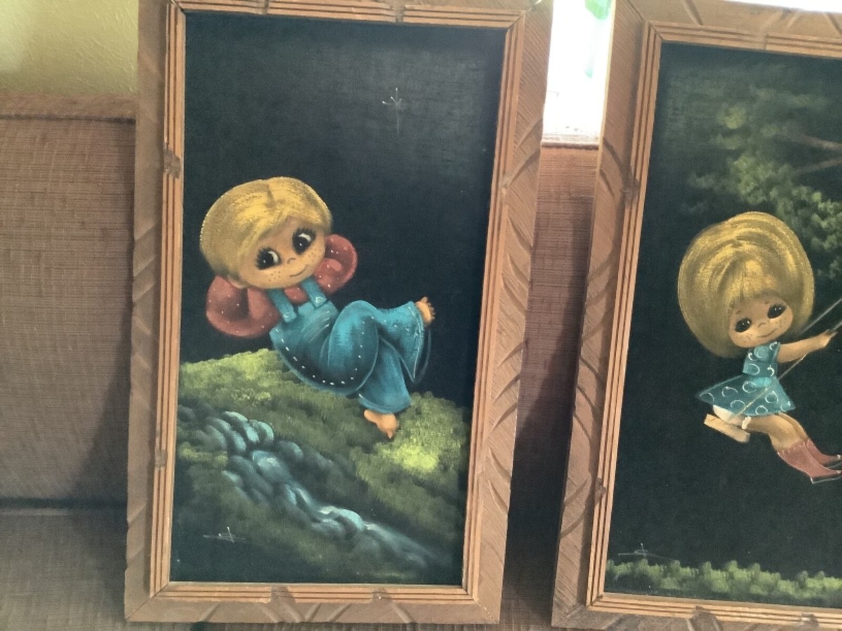 絵画 Velvet Vintage Mid Century frame Black Velvet Painting big eyed