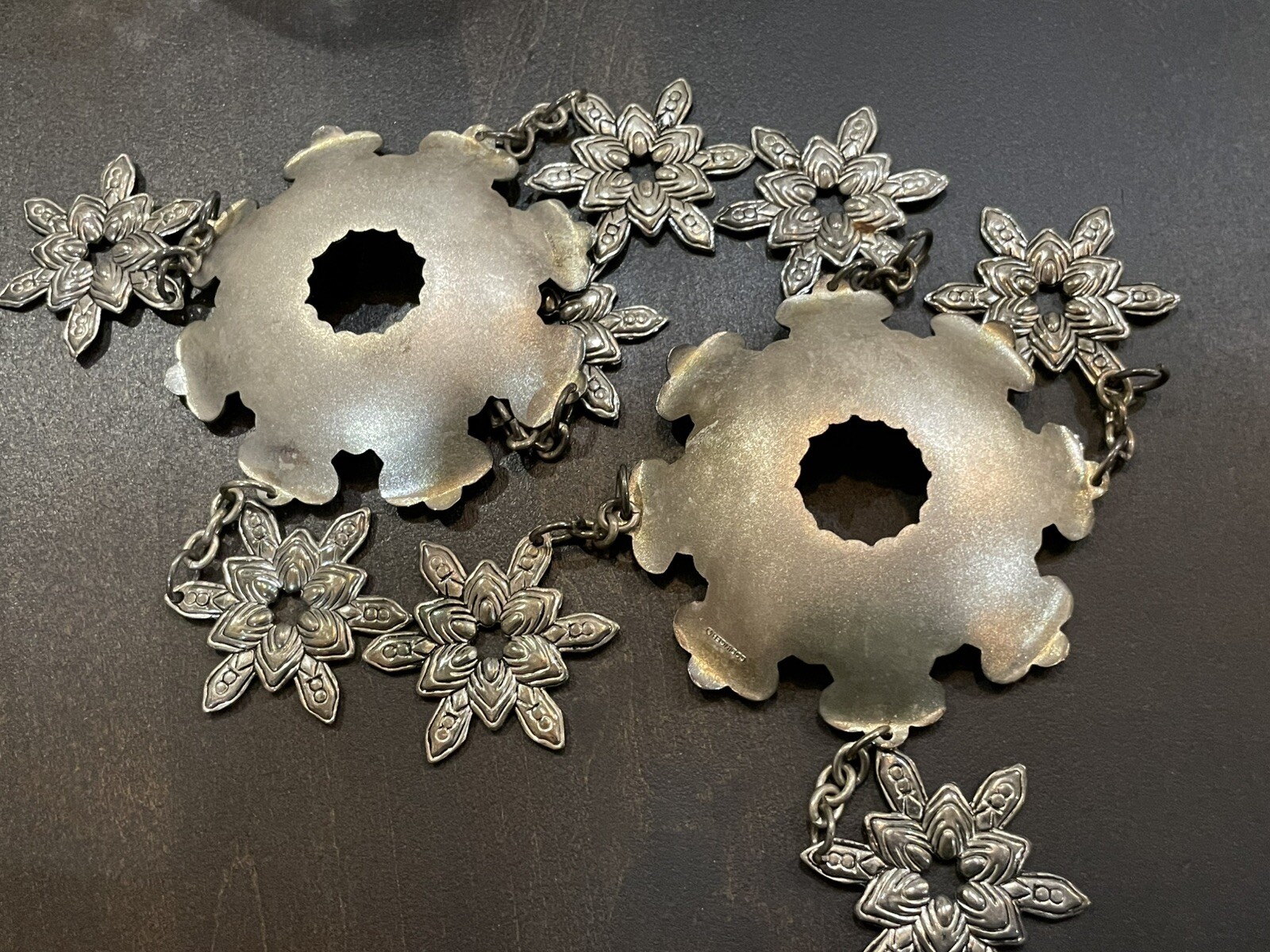 Set of 2 Vintage Silver Tone 3.5" Metal Bobeche Ornate w/ Hanging Snowflakes B77