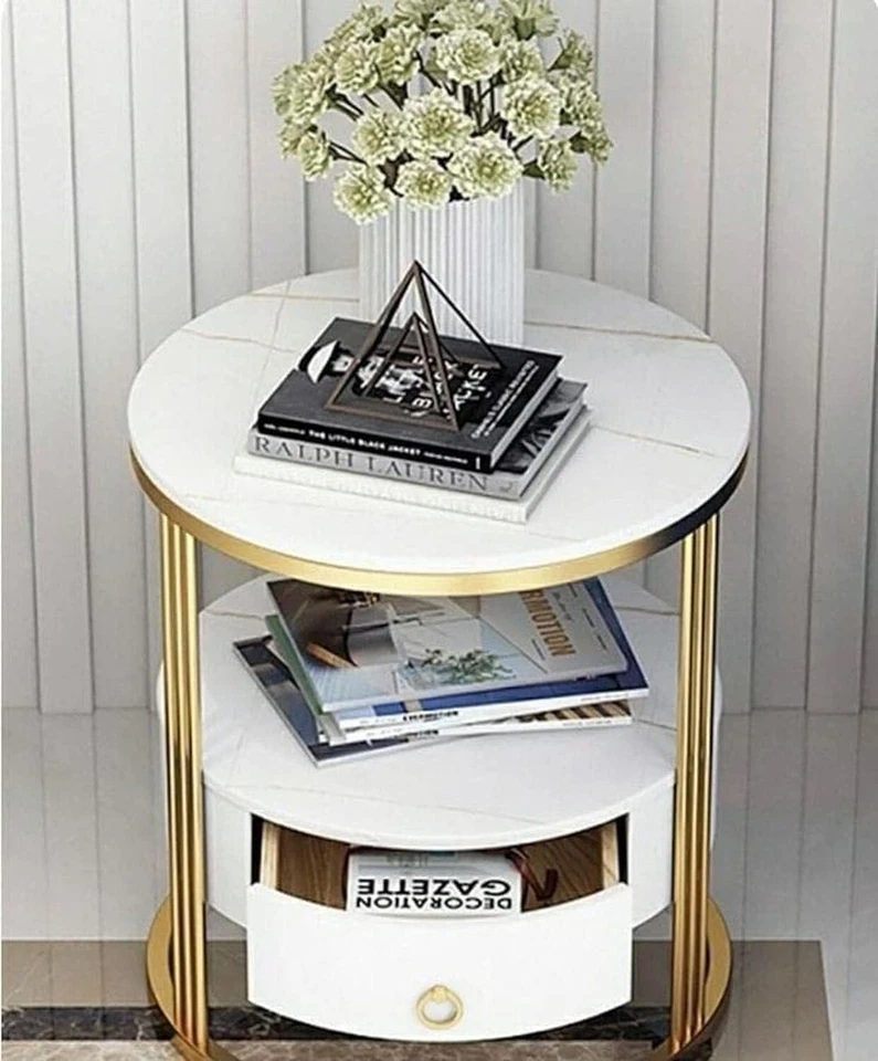 Round Bedside White Gold Table with Drawer Metal & Wooden Bedroom Nightstand - Image 4 of 4