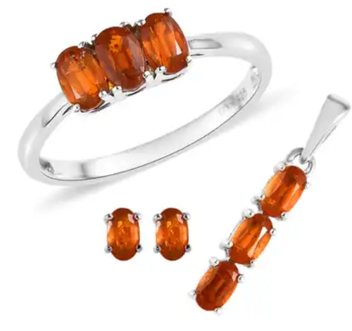 Tangerine Kyanite 3-Stone Ring, Stud Earrings & Pendant in Platinum Sterling Sz7 - Picture 2 of 9