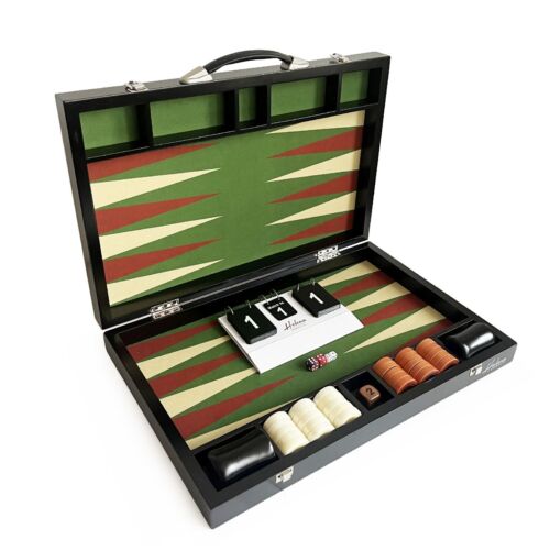 Tournament Size Backgammon Set Green And Tan Fabric Ground Leather Case 22"x29" - Picture 2 of 10