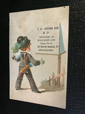 1800s JS Custer Young Pinstriped Dandy w/Arrow Quiver Victorian Trade Card 