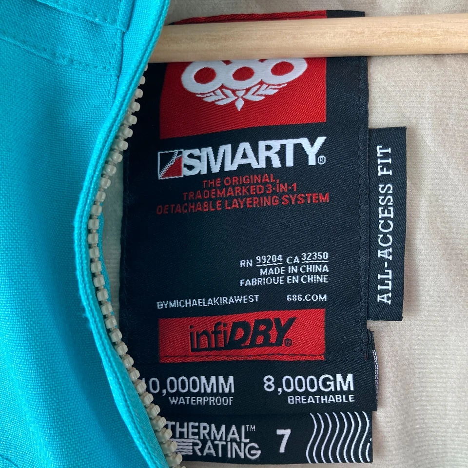 686 Six Eight Six 3-in-1 Smarty 10000 MM Waterproof Jacket Teal Turquoise Ski - Image 3 of 4
