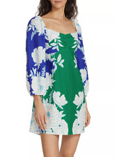 Farm Rio S Small Soft Garden Mini Dress Blue Green Floral Linen Blend $190