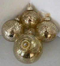 (Set of 4) 4"  FG Glass Gold Pattern Round Christmas Ornaments 3 Balls 1 Indent