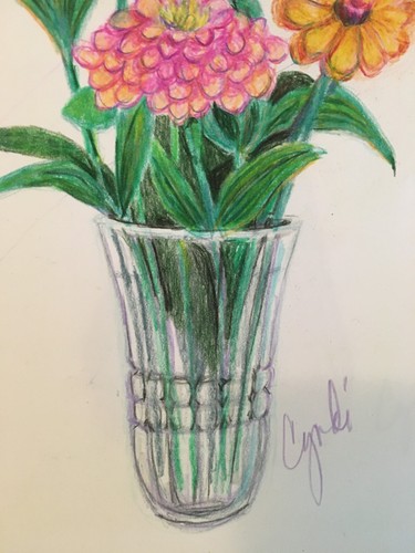 Lápiz de colores dibujo original flores de zinnia brillantes - Imagen 4 de 4