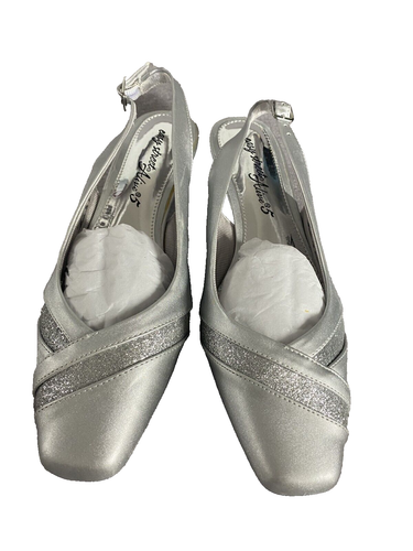 Easy Street Alive 5 Shoes Ginny Silver Satin Glitter Slingback 7.5W Formal NEW