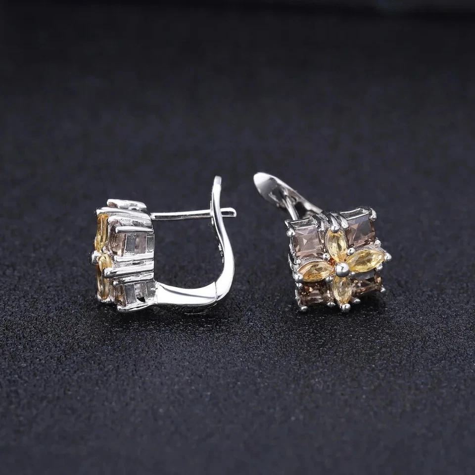 Aretes hechos a mano de plata de ley 925 con piedras preciosas de cuarzo ahumado citrino natural Foto 3 de 4
