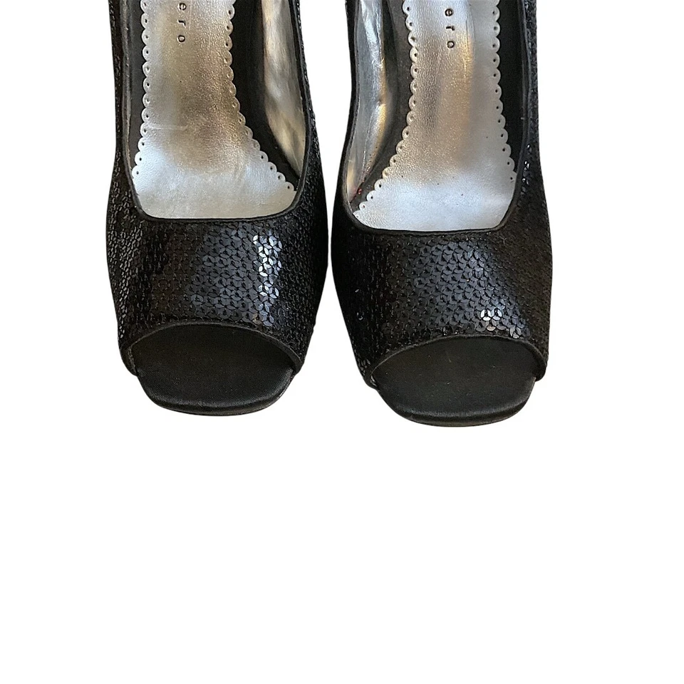 MARTINEZ VALERO TACONES ALTOS Talla 10 Whisper Negro Lentejuelas Bombas Punta abierta 4"  Foto 3 de 4