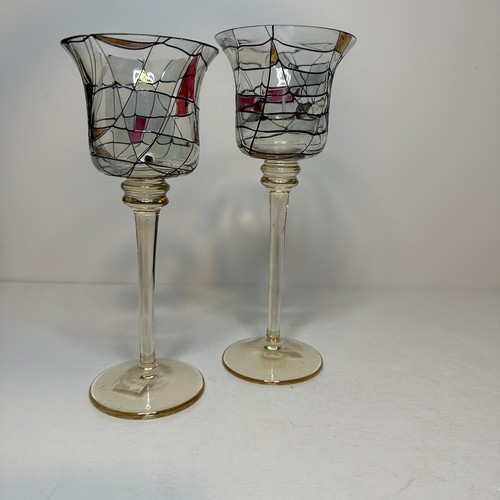 Vintage Partylite Calypso Mosaic Stemmed tulip Votive Holders Set Of (2) 7" & 8"