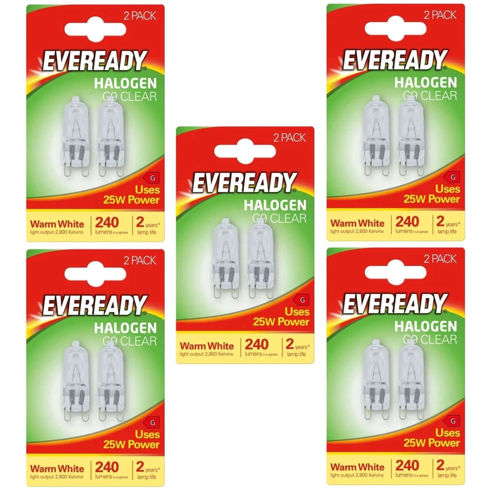 10 x Eveready G9 Eco 25W Halogen Capsule Bulb 180 Lumens 220V Clear Lamp