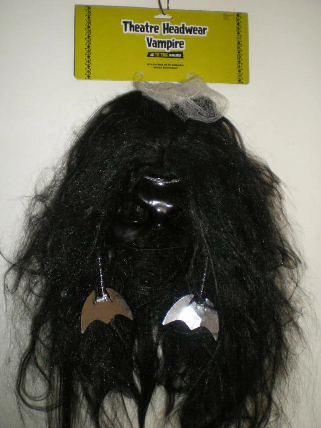 Black VAMPIRE Mask & Wig COMBO attached LONG HAIR Wig COSTUME Bats DEFECTS - Image 2 of 2