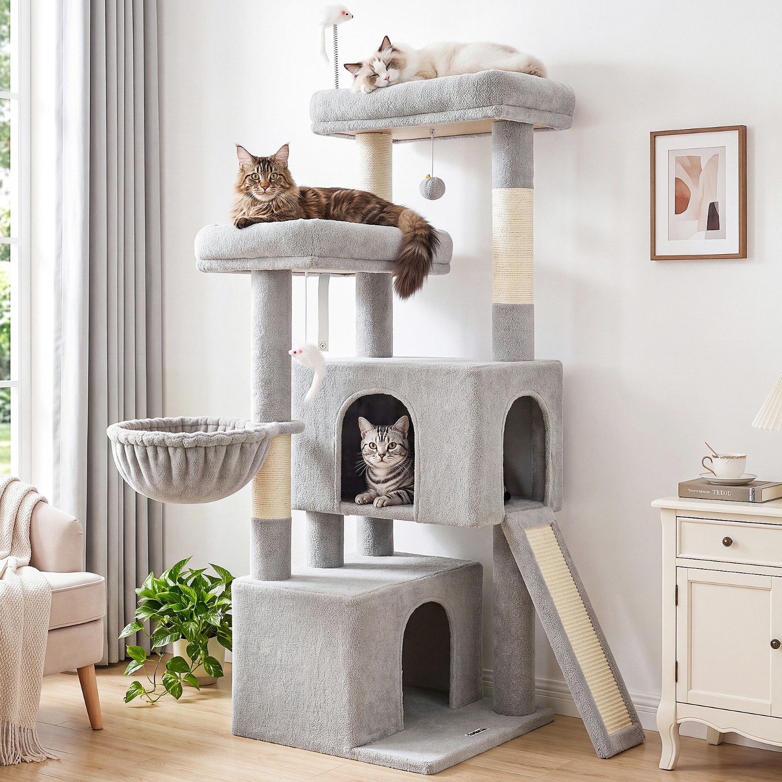 55inch Tall Plush Multi-Level Cat Climbing Tower Condo House with Hanging Basket