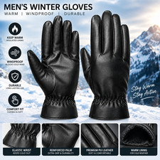 Men's Winter Gloves PU Leather Warm Windproof Touchscreen Driving Cycling Black