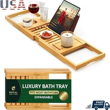 Expandable Bamboo Bathtub Caddy Tray Spa Organizer Wine Books Essentials New