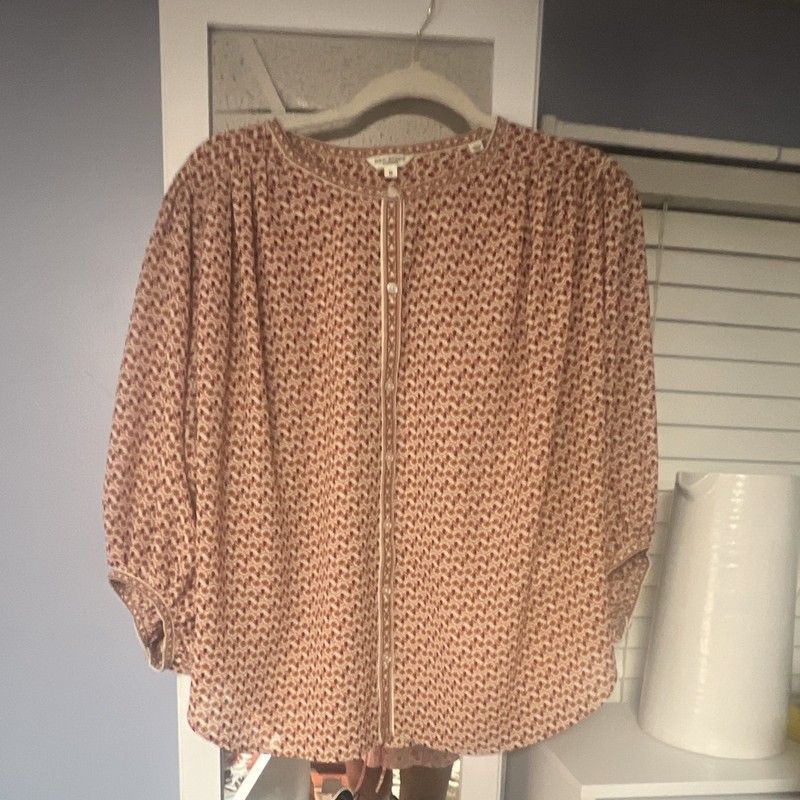 Max Studio London Women’s Brown/Beige Floral Round Neck Balloon Sleeve Blouse M