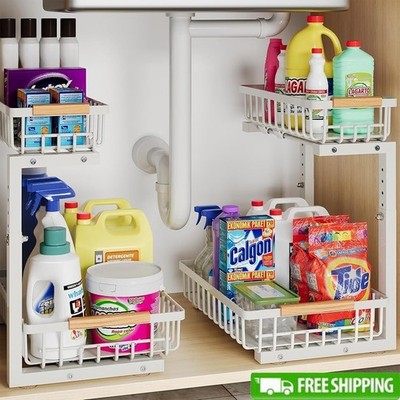 L-Shaped Under Sink Organizer W/ Adjustable Sliding Baskets Cabinet Storage New