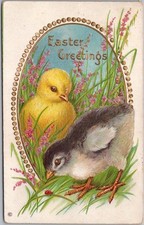 1913 EASTER Postcard Yellow and Black Baby Chicks / Ladybug - STECHER 219A
