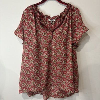 Max Studio Plus Top 1X Red Black Floral Short Ruffle V Neck Pullover Summer Flow
