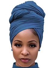 Head Wraps for Black Women Stretch Head Scarf Long African 1pcs -Steel Blue