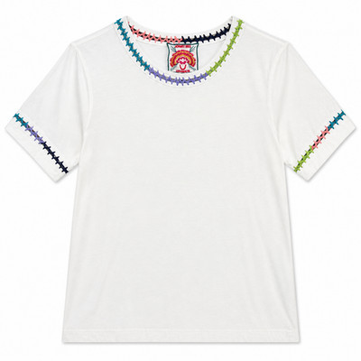 Johnny Was Tee XS White Crochet Crew Neck Embroidered Trim Short Sleeve Boho
