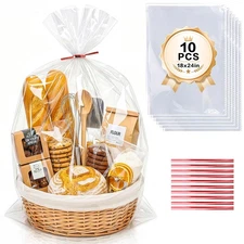 Clear Basket Bags 18x 24, 2 Mil Thick Cellophane Wrap for Gift with Red Twist...