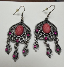 Silver Tone Dangle Drop Hook Earrings Red Ova...