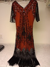Red  Black Sequin Flapper Dress L 1920s Art Deco Fringe Beaded Midi Party