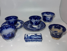 Antique Flow Blue Tea Cup Lot Mixed Set 1800s Porcelain Cups Saucers Delft Box