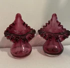 Pair Of Fenton Glass Cranberry Jack In The Pulpit Vases w/ Ruffles 4.5” H