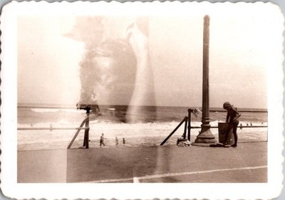 Vintage 1940s Beach Boardwalk Double Exposure Snapshot Photograph Ocean Waves