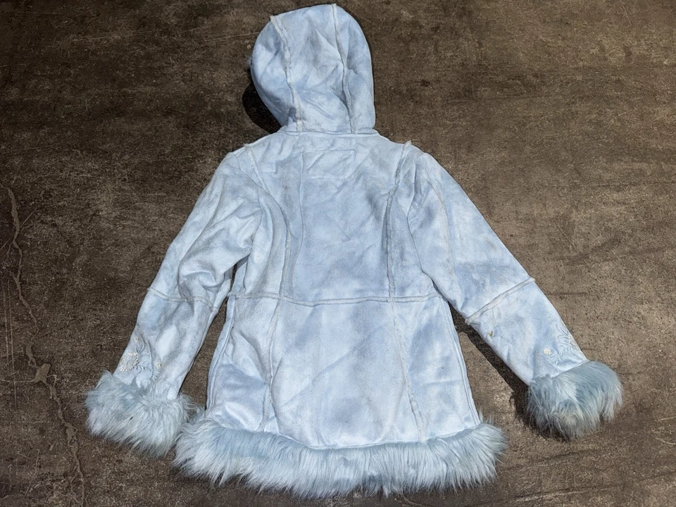 Big Chill Y2K Blue Fur Lined Penny Lane Suede Coat Blue Floral Embroidered 7/8 - Image 2 of 4