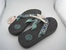 SO WOMEN'S M 7/8 SONOMA GRAY TEAL WOVEN RIBBON LAMI TEXTILE THONG FLIP-FLOPS