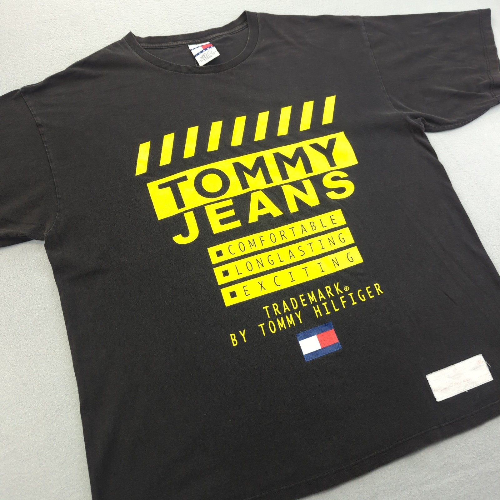 Vintage Tommy Hilfiger Jeans Shirt Mens XL Black Boxy Tee Oversized Made USA 90s