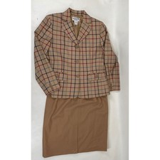 Pendleton Wool Skirt Suit Set Tan Plaid Blazer 8P Pencil Skirt 10P Vintage