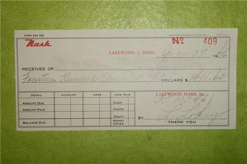 1946 NASH MOTORS LAKEWOOD OHIO DEALERSHIP AUTOMOBILE SALES RECEIPT ~ KELVINATOR