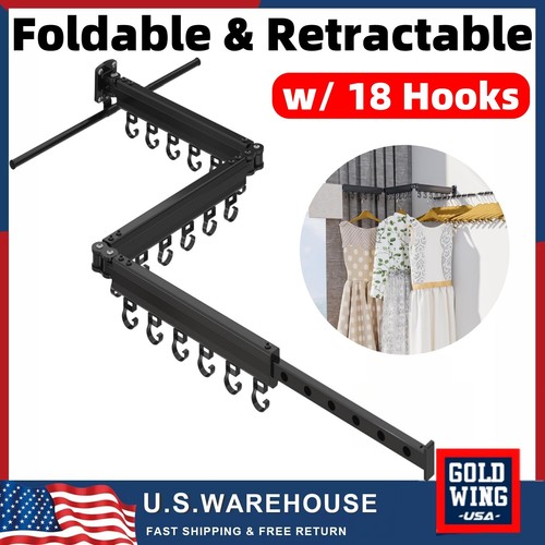 Wall Mounted Tri-Fold Clothes Clothing Drying Rack Foldable Retractable 18 Hooks
