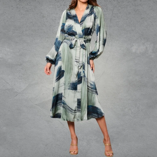 Women wrap midi dress print color elegant style sage green fashion size medium