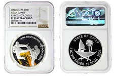 QATAR 10 Riyal 2006 Silver 1oz NGC PF69UC '15th Asian Games Doha - KARATE'