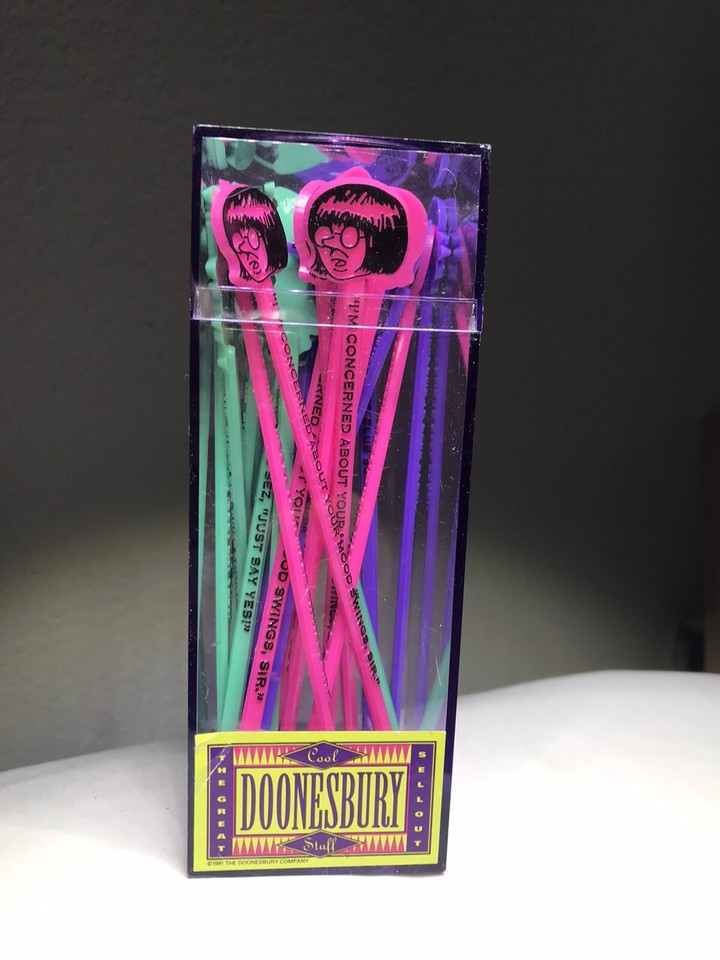 23 Doonesbury plastic swizzle sticks are a gloriously nerdy piece of 70s/80s pop-culture barware that no one else will have.