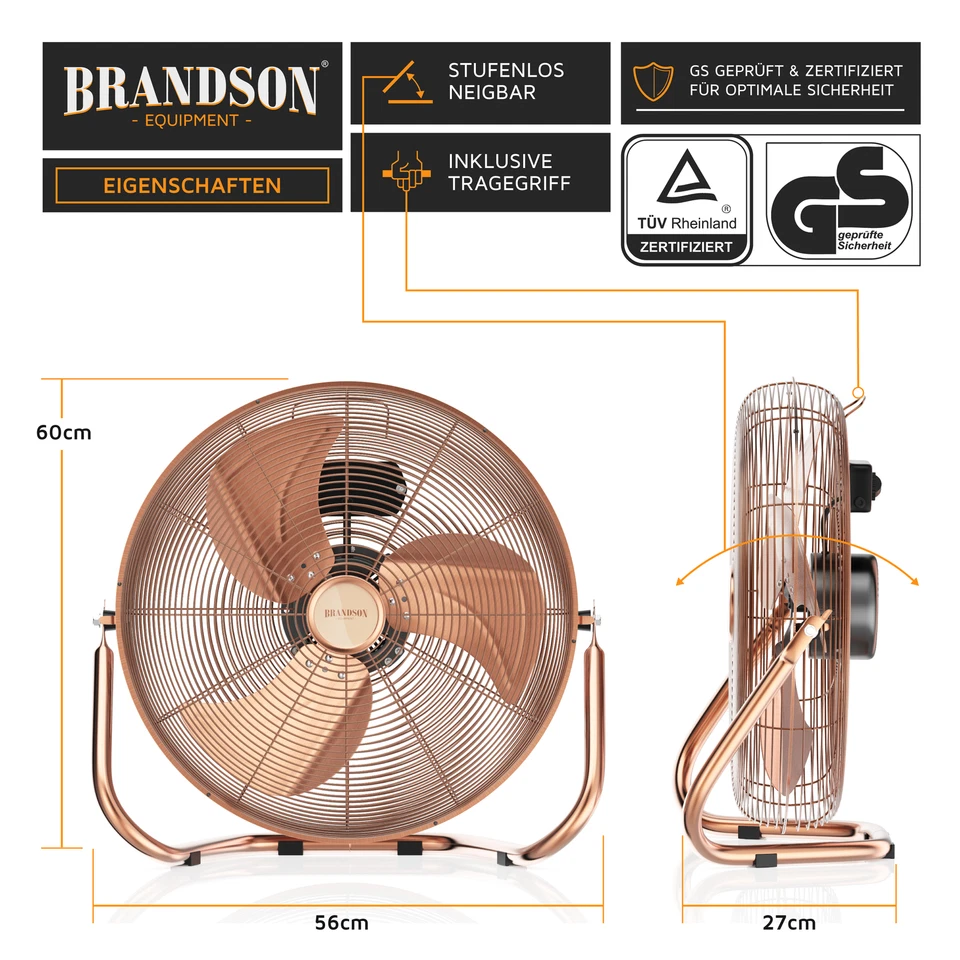 Brandson Windmaschine mit 3 Leistungsstufen | Neigbar | 50cm Ø 160W Kupfer - Bild 3 von 4