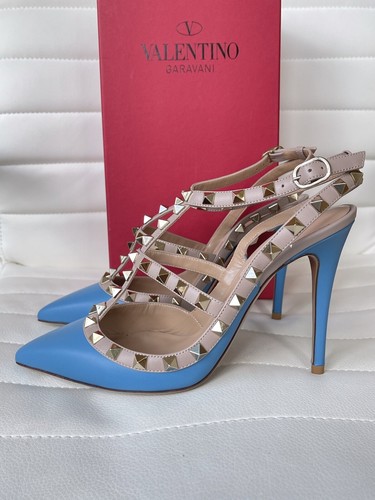 Valentino Garavani Rockstud con Tachuelas Tobillo Tira Azul Ciel Bombas 37 Nib - Imagen 9 de 12