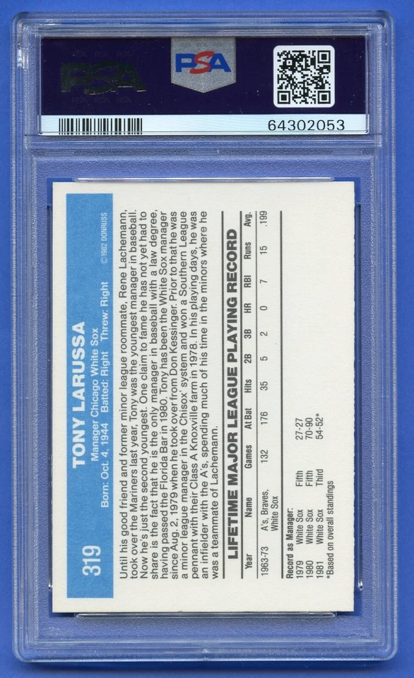 TONY LARUSSA 1982 PSA 10 GEM-MT HOF DONRUSS CHICAGO WHITE SOX SHARP (#319) RZC - Image 2 of 3