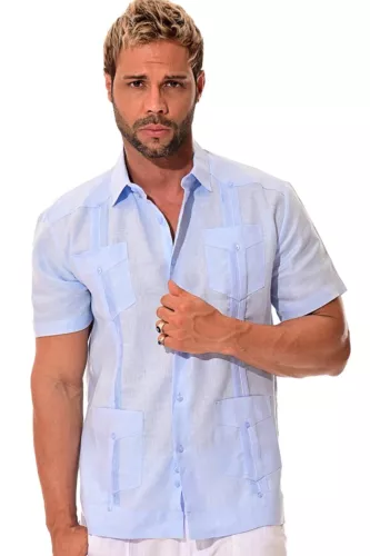 Bohio Men Soft 100% Linen Guayabera Shirt-Lt. Blue Traditional (4) Pocket -LS399