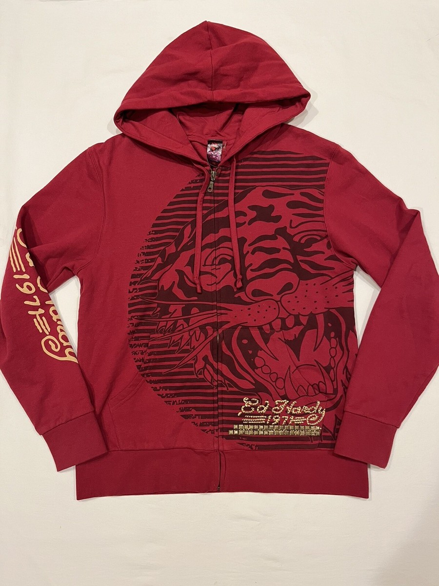 VTG Y2K Ed Hardy Christian Audigier Tiger Hoodie Full Zip Red