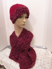 NEW Handmade Crochet Beanie Hat & Scarf Set BURGUNDY RED FLEECE Made in USA