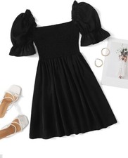 Women's Square Neck Puff Short Sleeve Shirred Ruffle Flared Swing Mini Dress